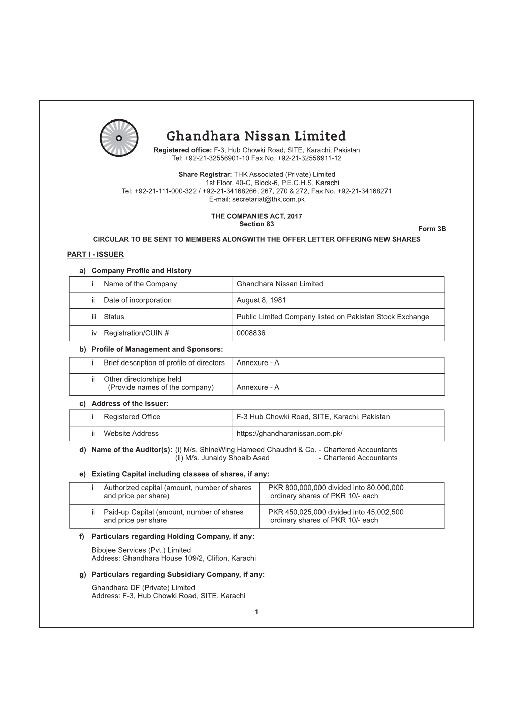 Circular to Be Sent to Members Alongwith the Offer Letter Offering New Shares