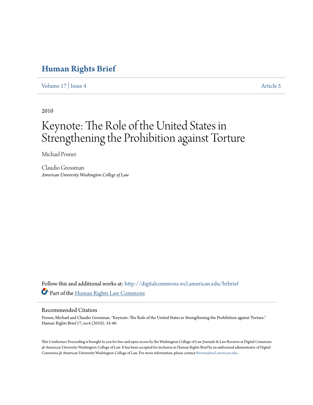 The Role of the United States in Strengthening the Prohibition Against Torture Michael Posner