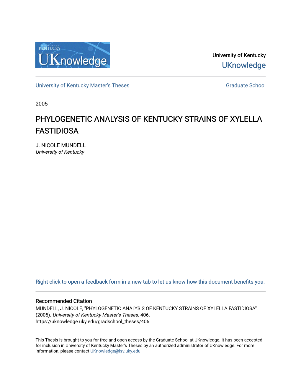 Phylogenetic Analysis of Kentucky Strains of Xylella Fastidiosa