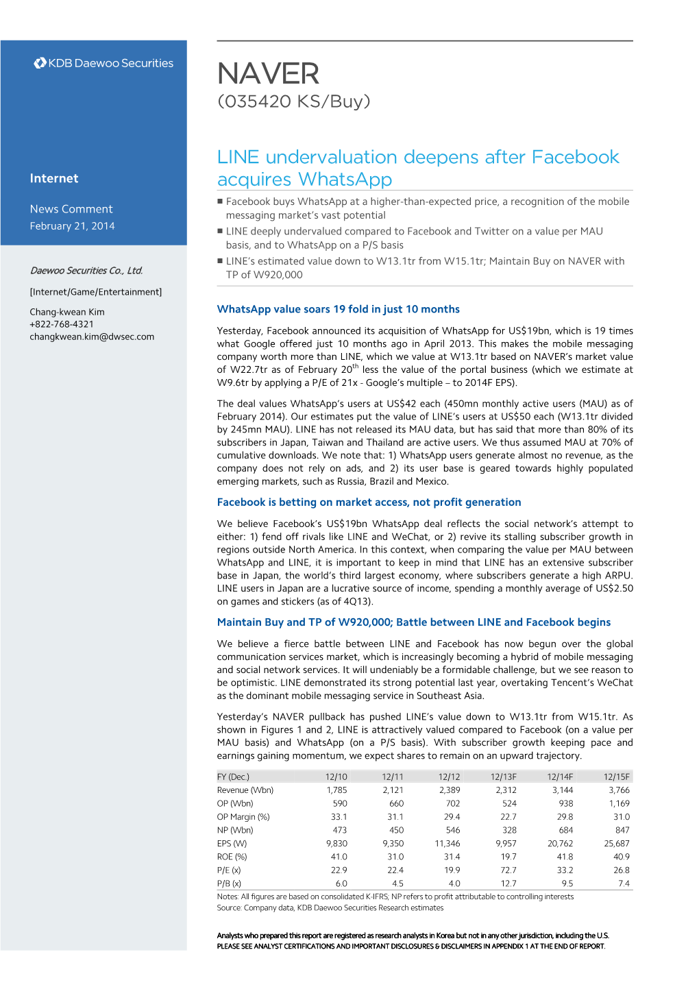 LINE Undervaluation Deepens After Facebook Acquires Whatsapp