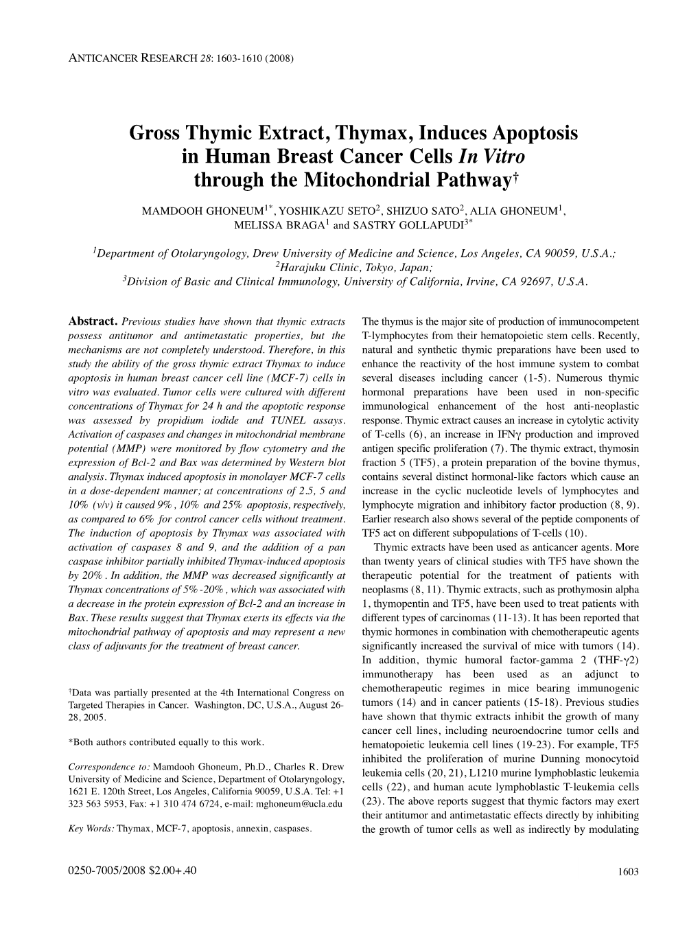 Gross Thymic Extract, Thymax, Induces Apoptosis in Human Breast Cancer Cells in Vitro Through the Mitochondrial Pathway