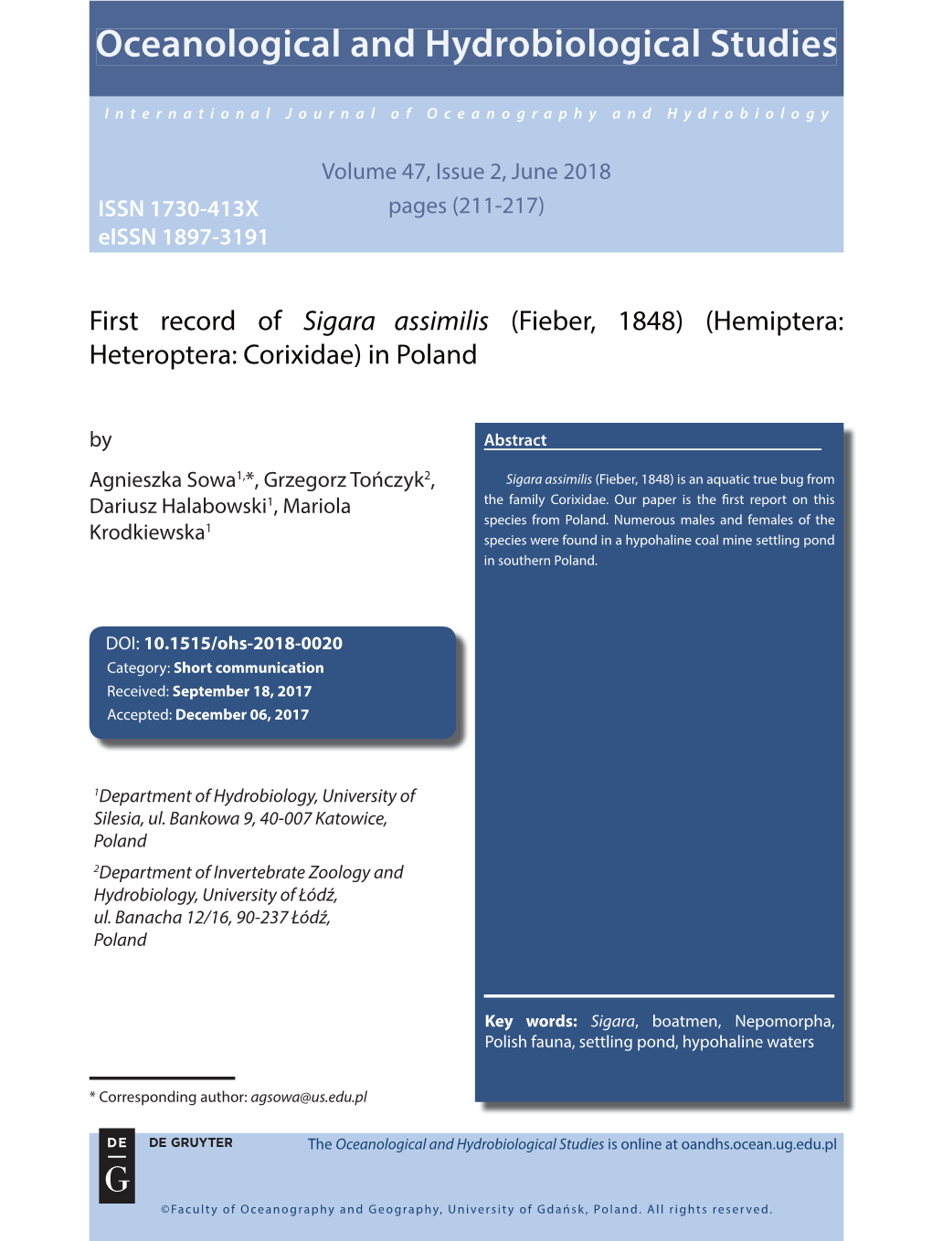 Oceanological and Hydrobiological Studies