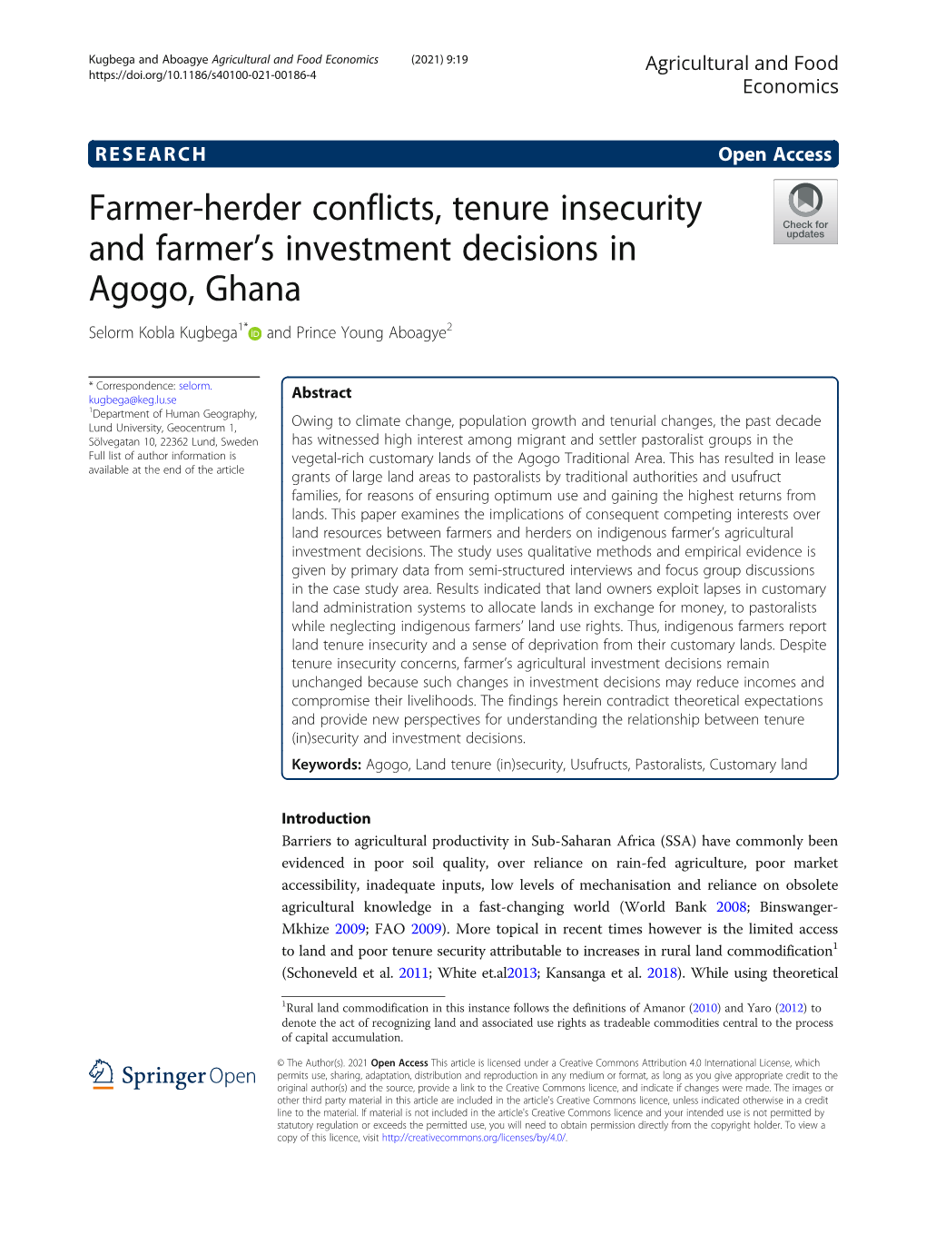 Farmer-Herder Conflicts, Tenure Insecurity and Farmer's Investment