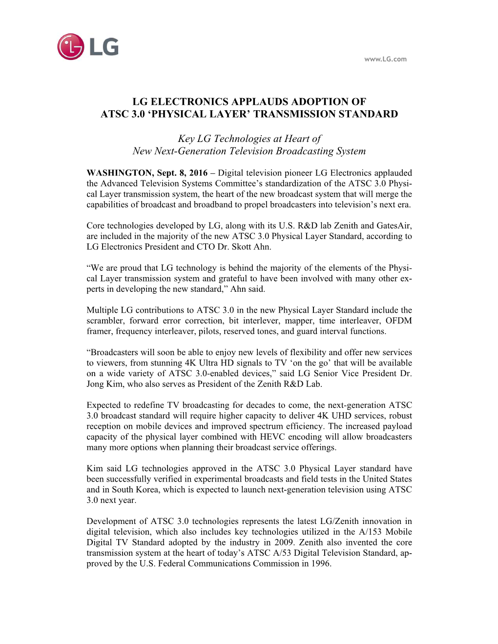 Lg Electronics Applauds Adoption of Atsc 3.0 ‘Physical Layer’ Transmission Standard