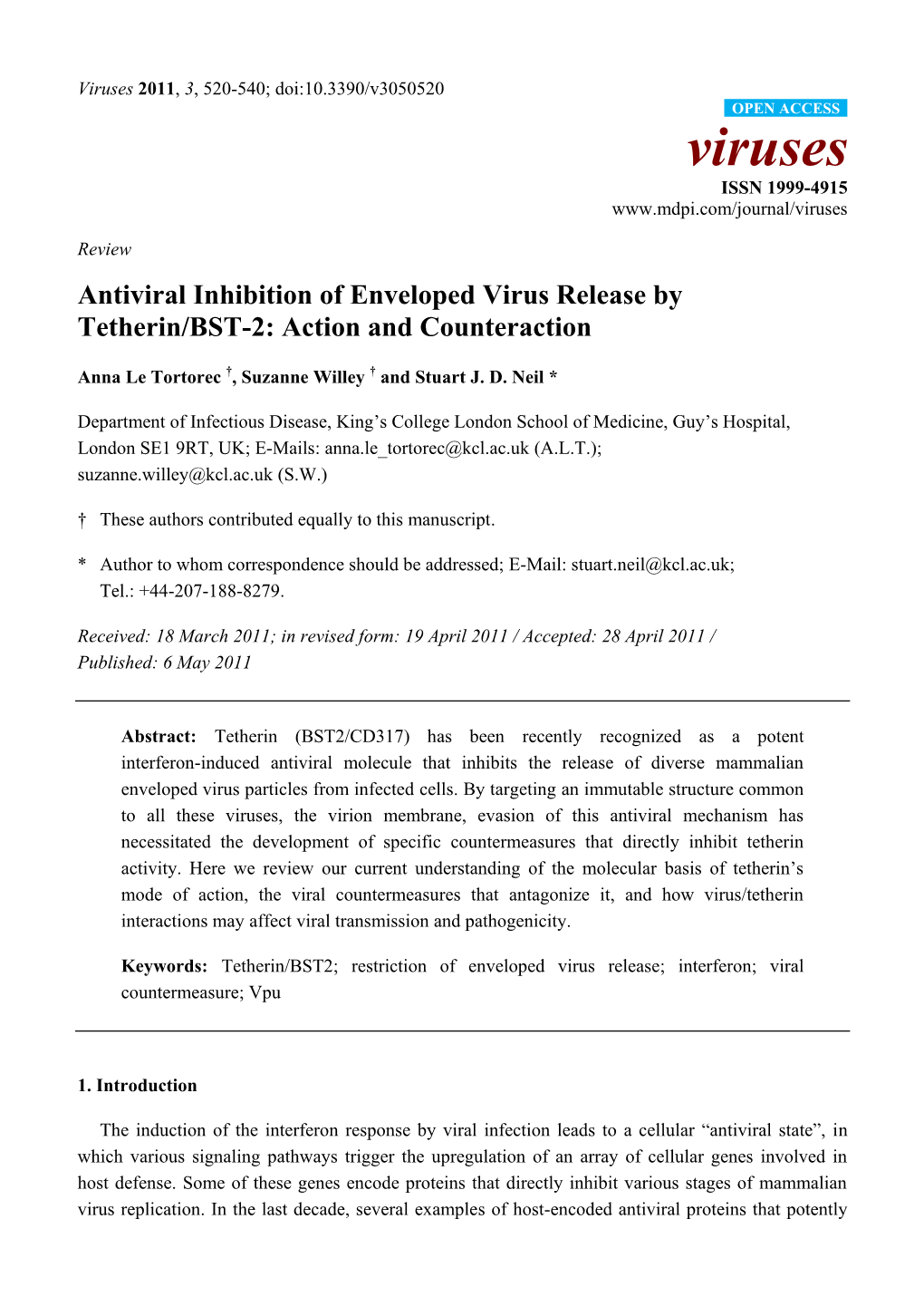Antiviral Inhibition of Enveloped Virus Release by Tetherin/BST-2: Action and Counteraction