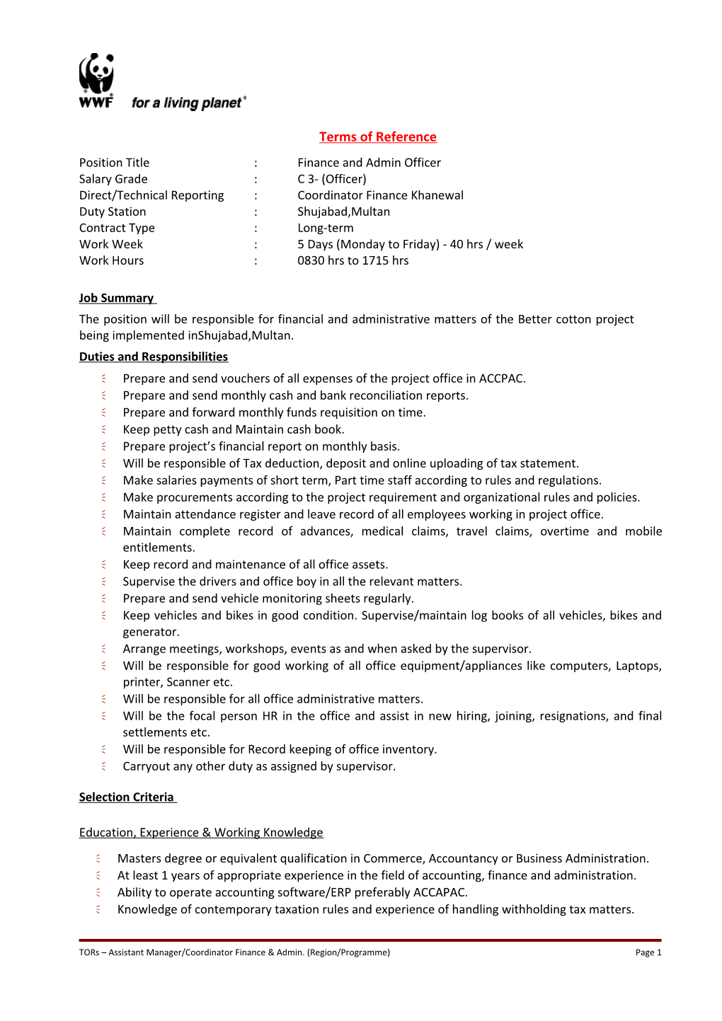 Draft Job Description For International Technical Advisor