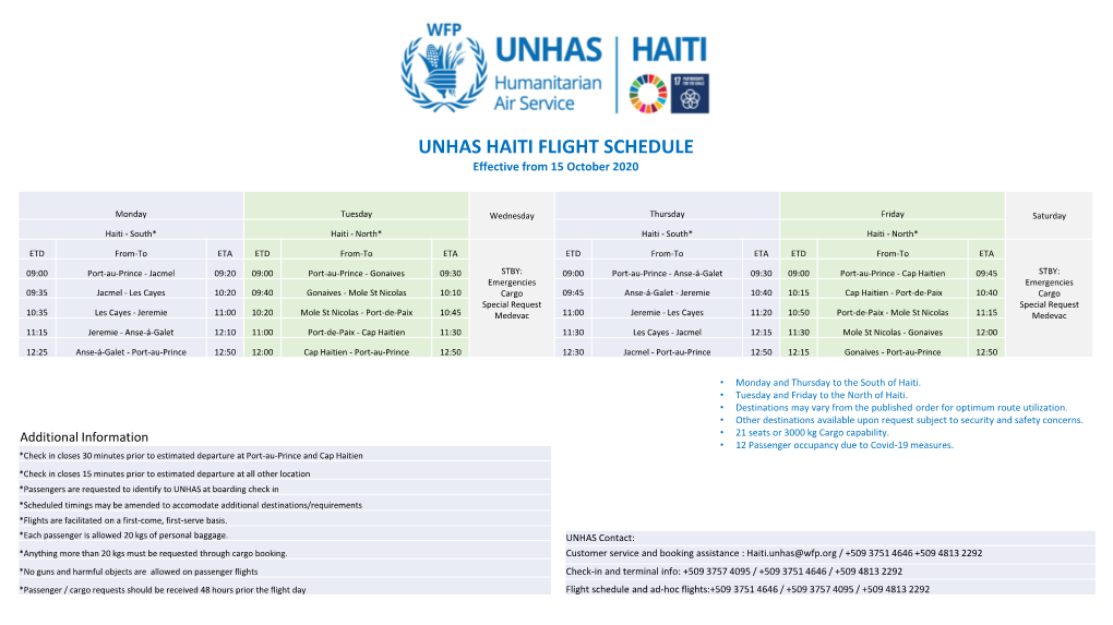 UNHAS HAITI FLIGHT SCHEDULE Effective from 15 October 2020