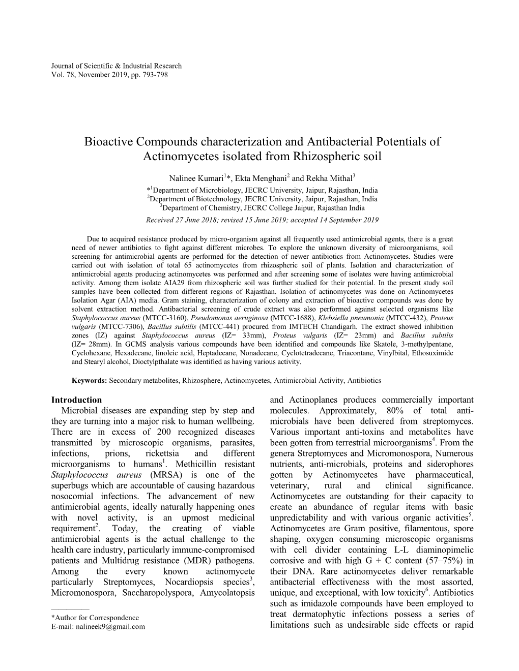 Bioactive Compounds Characterization and Antibacterial Potentials of Actinomycetes Isolated from Rhizospheric Soil