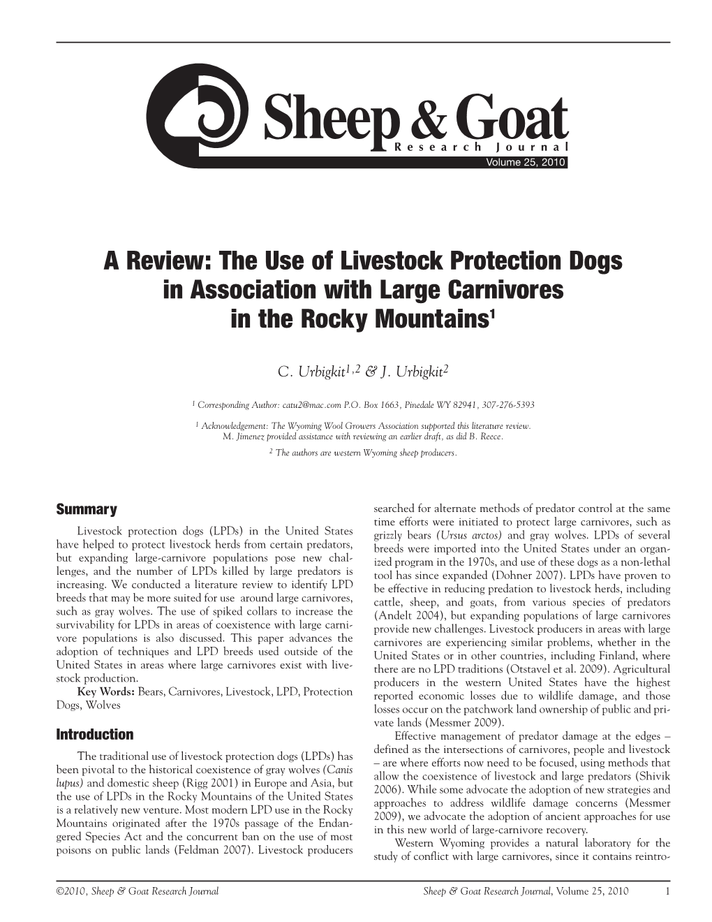 A Review: the Use of Livestock Protection Dogs in Association with Large Carnivores in the Rocky Mountains1