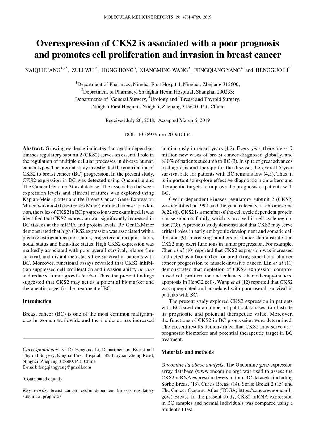 Overexpression of CKS2 Is Associated with a Poor Prognosis and Promotes Cell Proliferation and Invasion in Breast Cancer