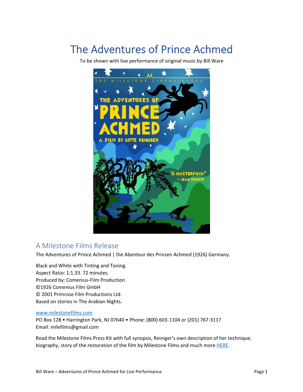 The Adventures of Prince Achmed to Be Shown with Live Performance of Original Music by Bill Ware