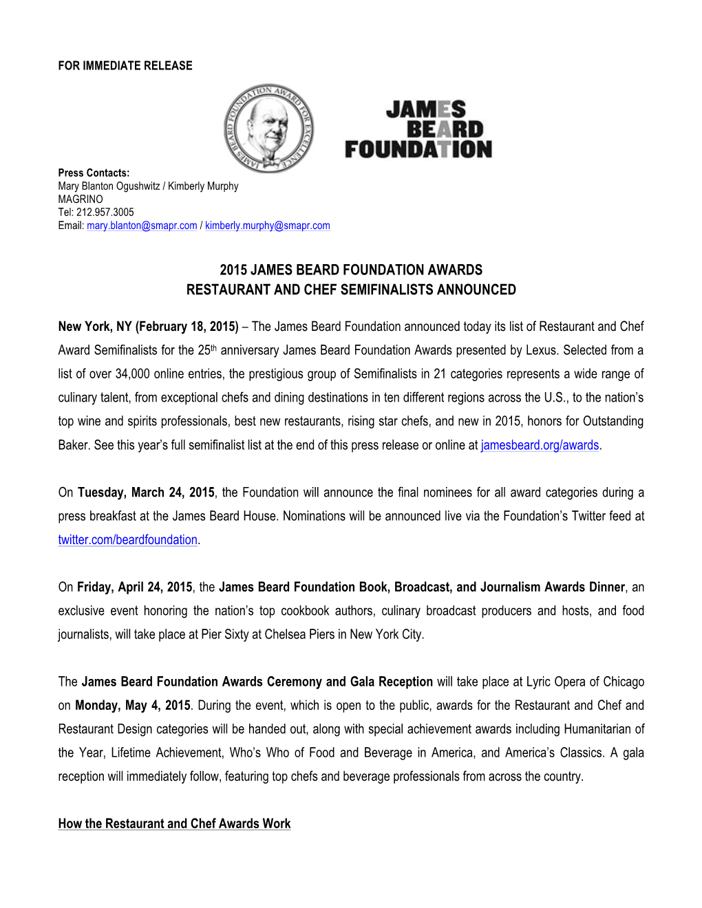 2015 James Beard Foundation Awards Restaurant and Chef Semifinalists Announced