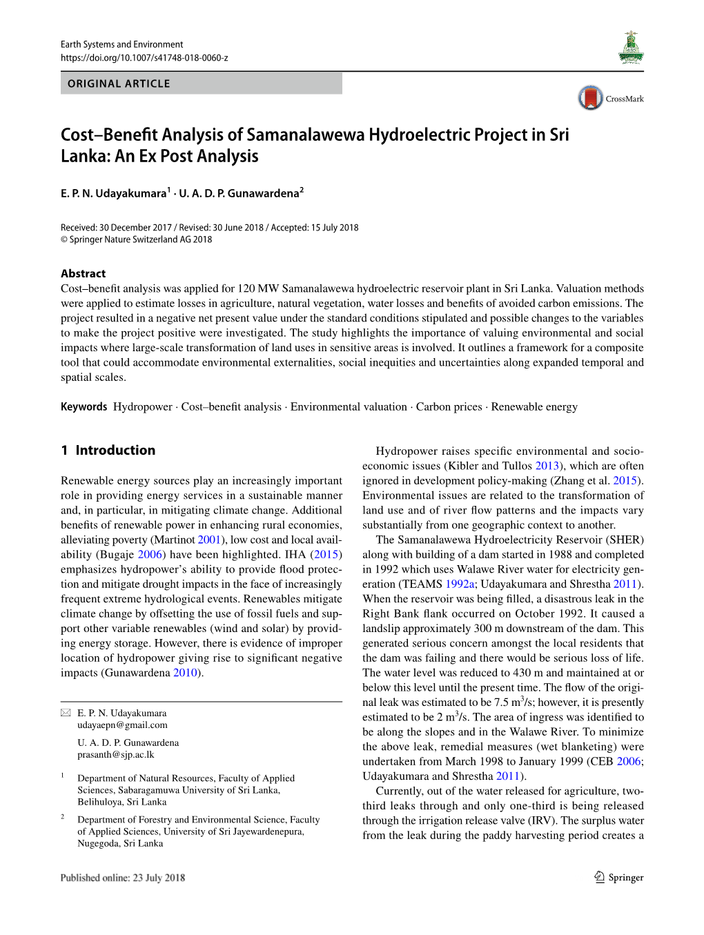 Cost–Benefit Analysis of Samanalawewa Hydroelectric