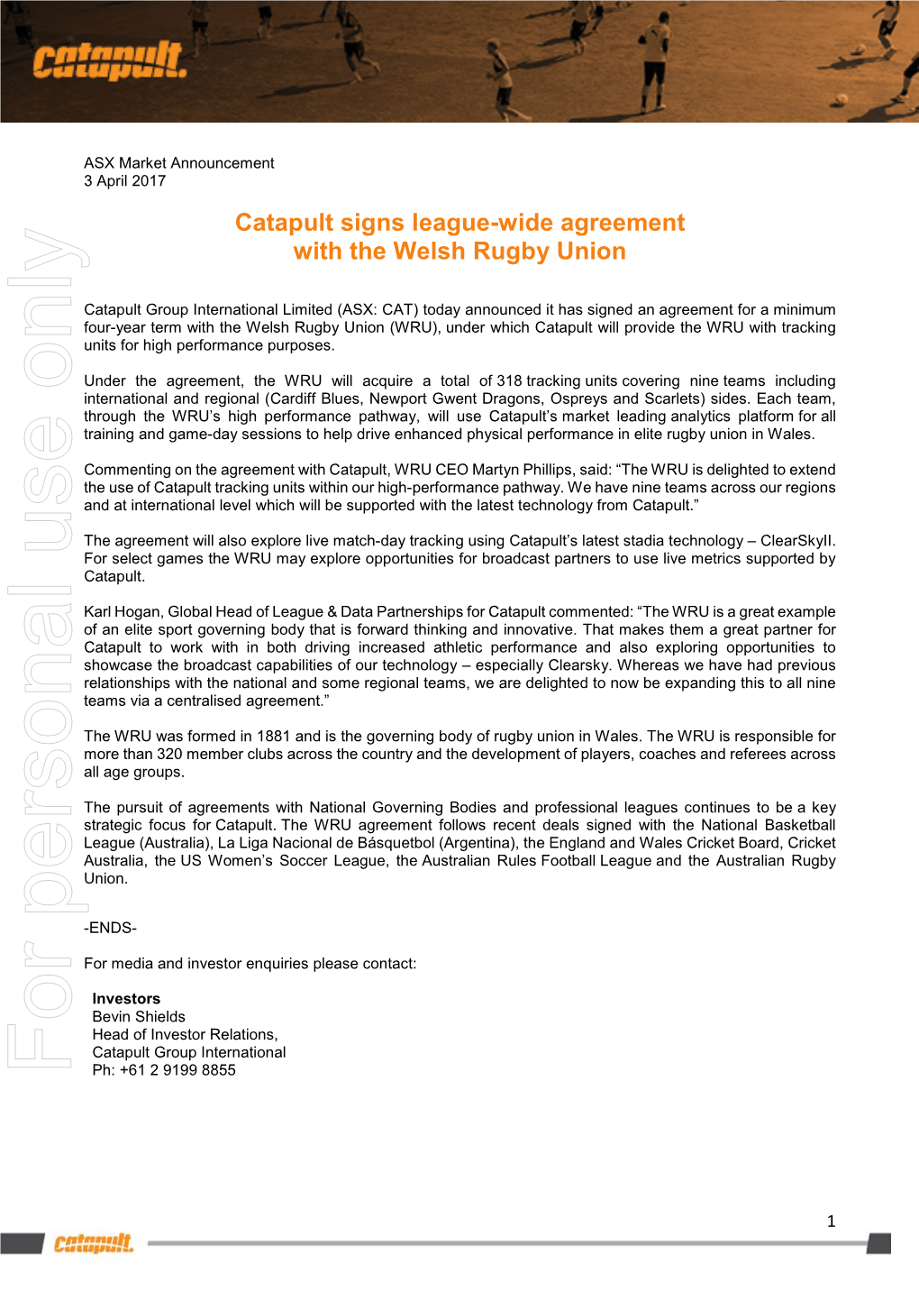 Catapult Signs League-Wide Agreement with the Welsh Rugby Union