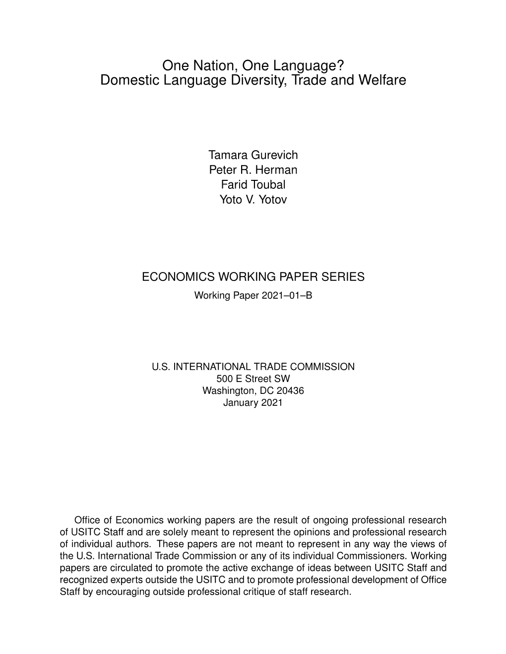 One Nation, One Language? Domestic Language Diversity, Trade and Welfare