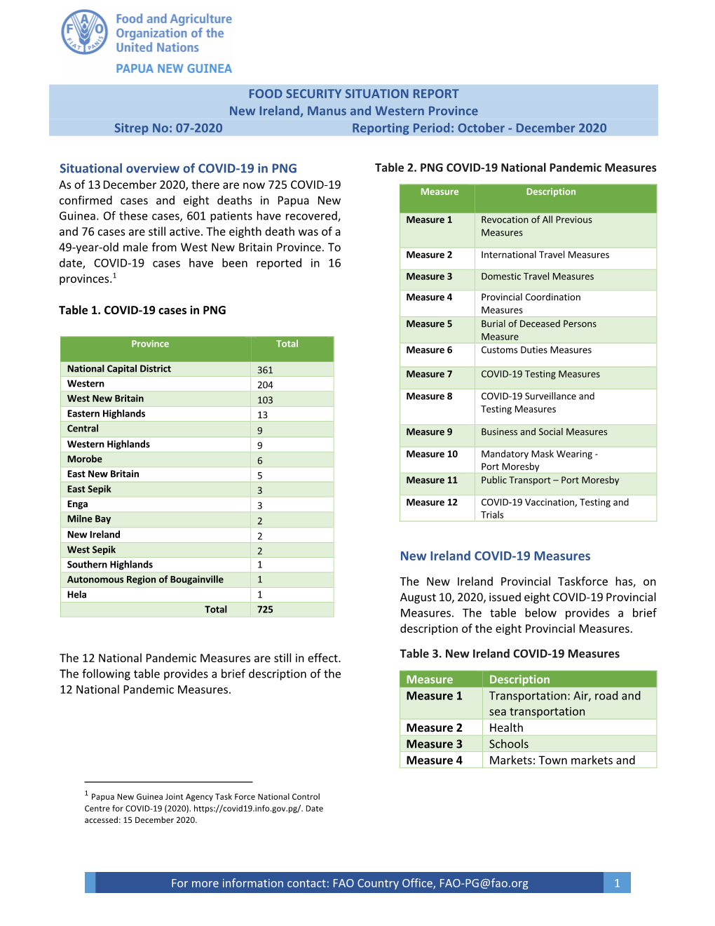 FOOD SECURITY SITUATION REPORT New Ireland, Manus and Western Province Sitrep No: 07-2020 Reporting Period: October - December 2020