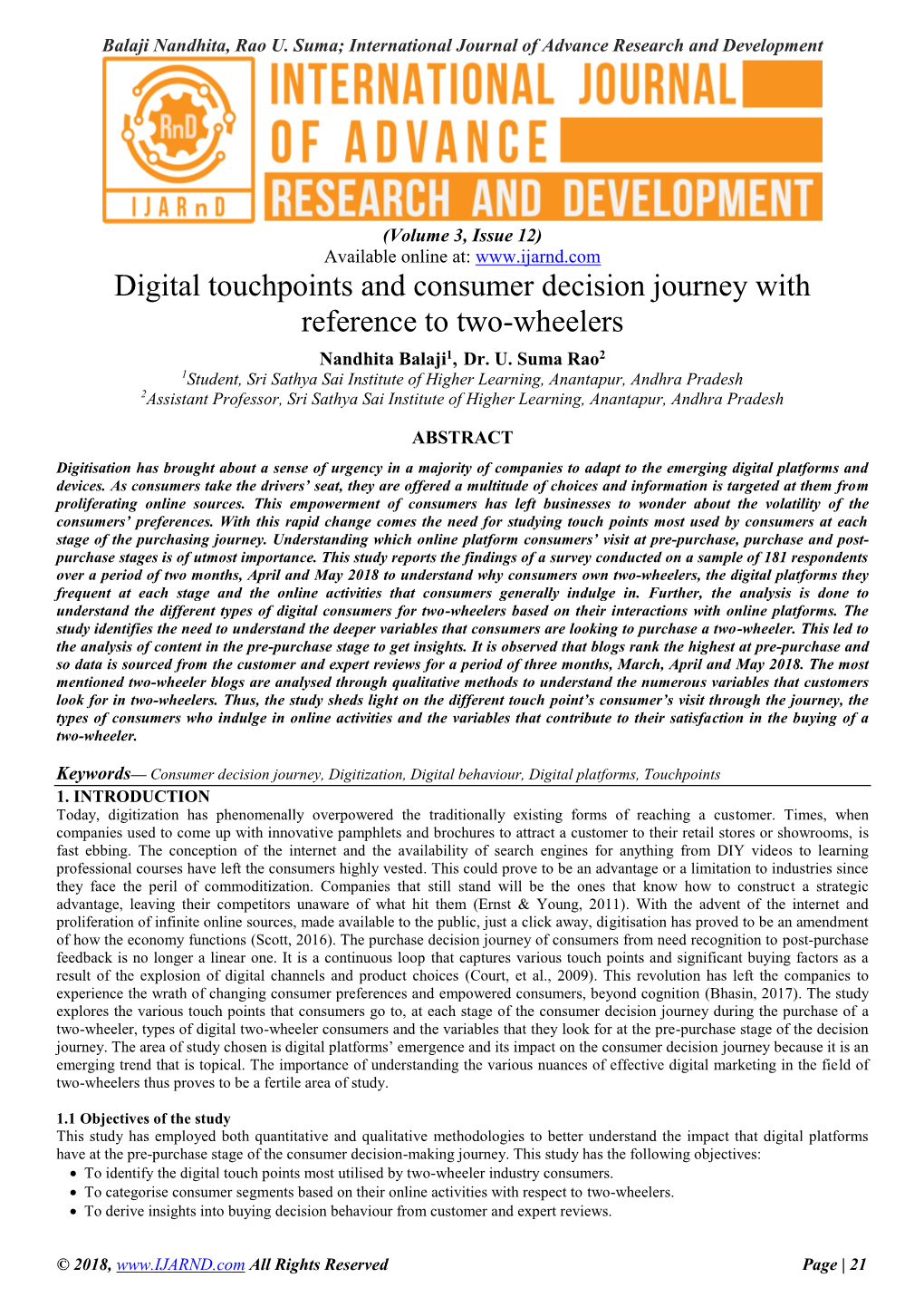 Digital Touchpoints and Consumer Decision Journey with Reference to Two-Wheelers Nandhita Balaji1, Dr