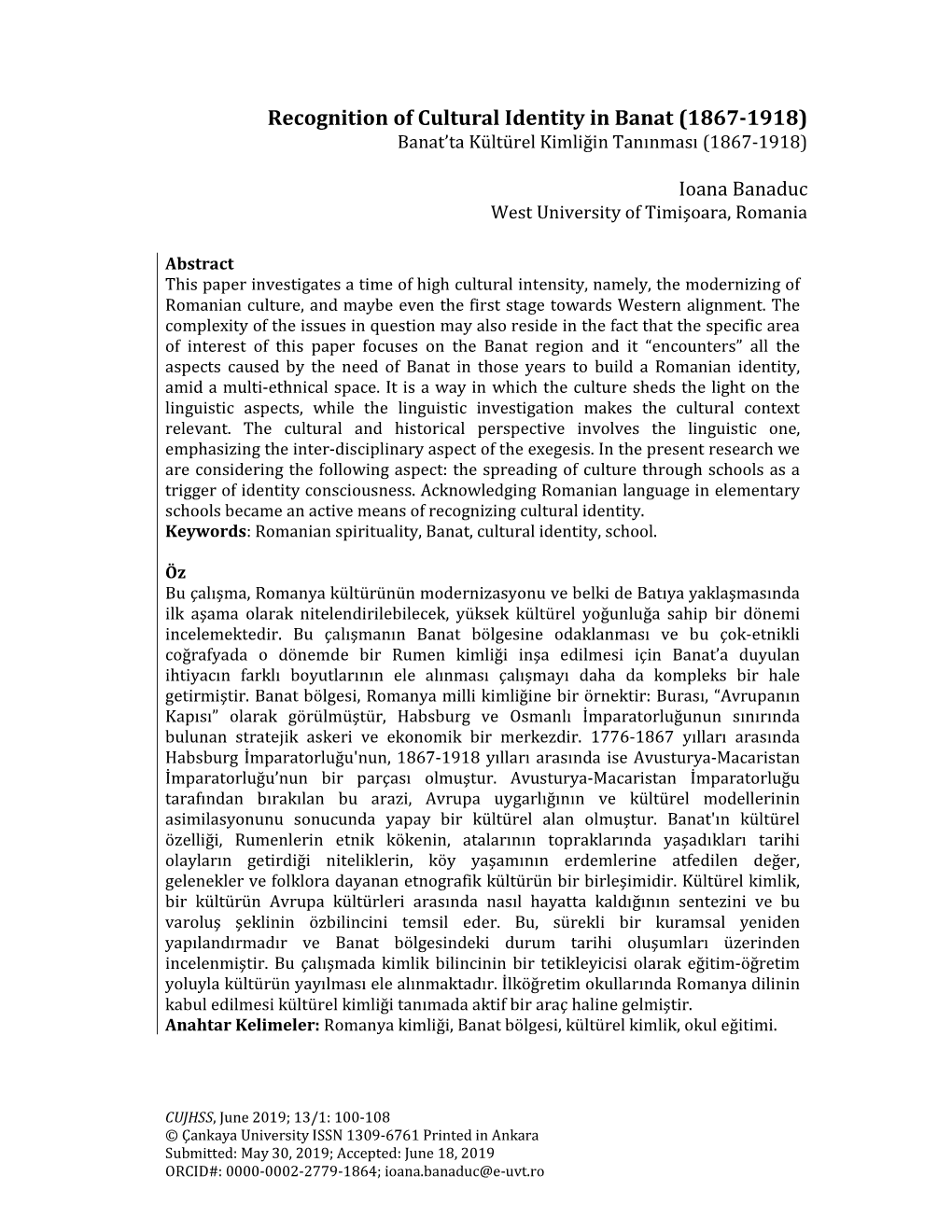 Recognition of Cultural Identity in Banat (1867-1918) Banat’Ta Kültürel Kimliğin Tanınması (1867-1918)