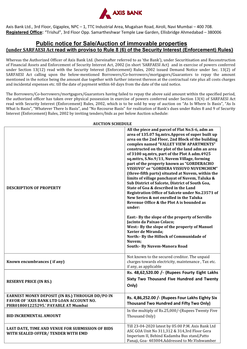 Public Notice for Sale/Auction of Immovable Properties {Under SARFAESI Act Read with Proviso to Rule 8 (6) of the Security Interest (Enforcement) Rules}