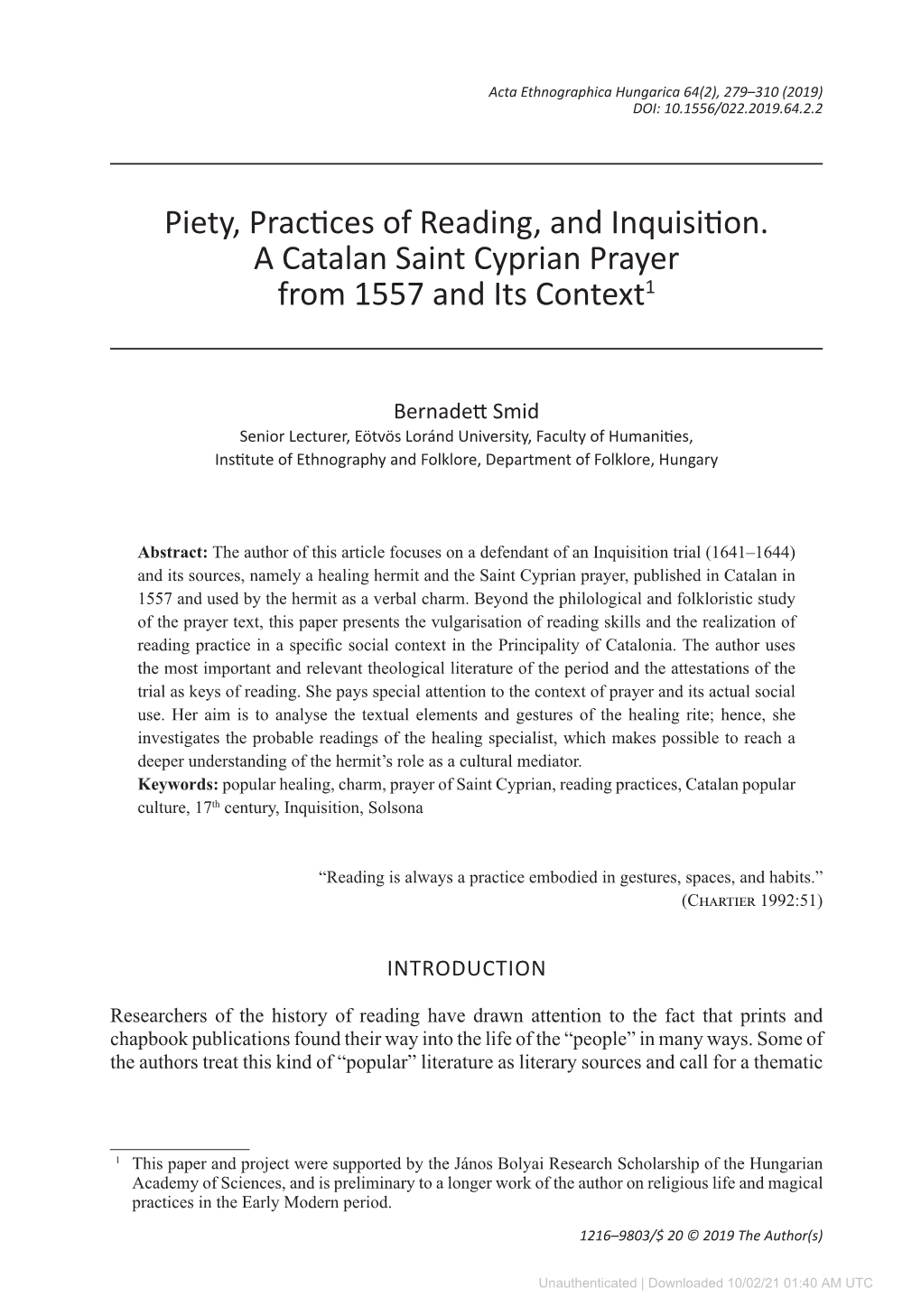 Piety, Practices of Reading, and Inquisition. a Catalan Saint Cyprian Prayer from 1557 and Its Context1