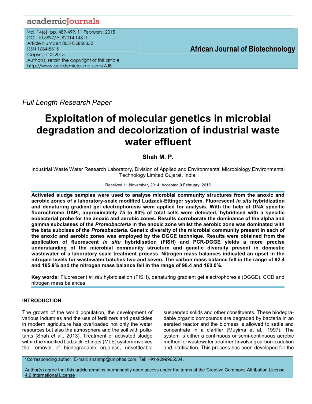 Exploitation of Molecular Genetics in Microbial Degradation and Decolorization of Industrial Waste Water Effluent