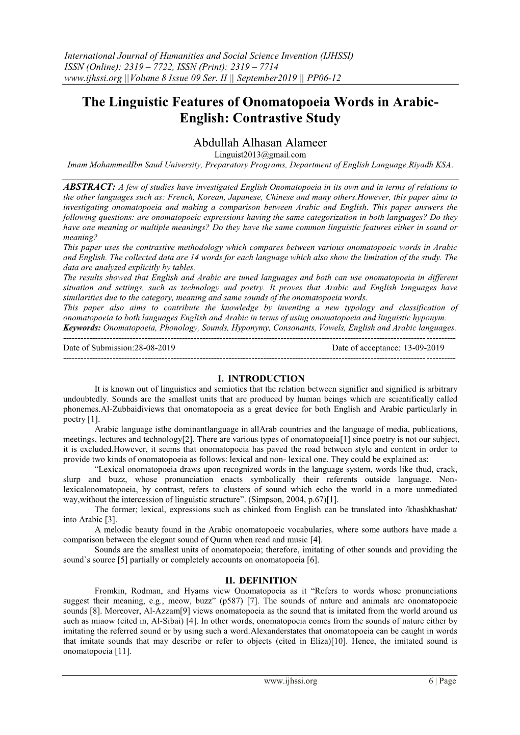 The Linguistic Features of Onomatopoeia Words in Arabic- English: Contrastive Study