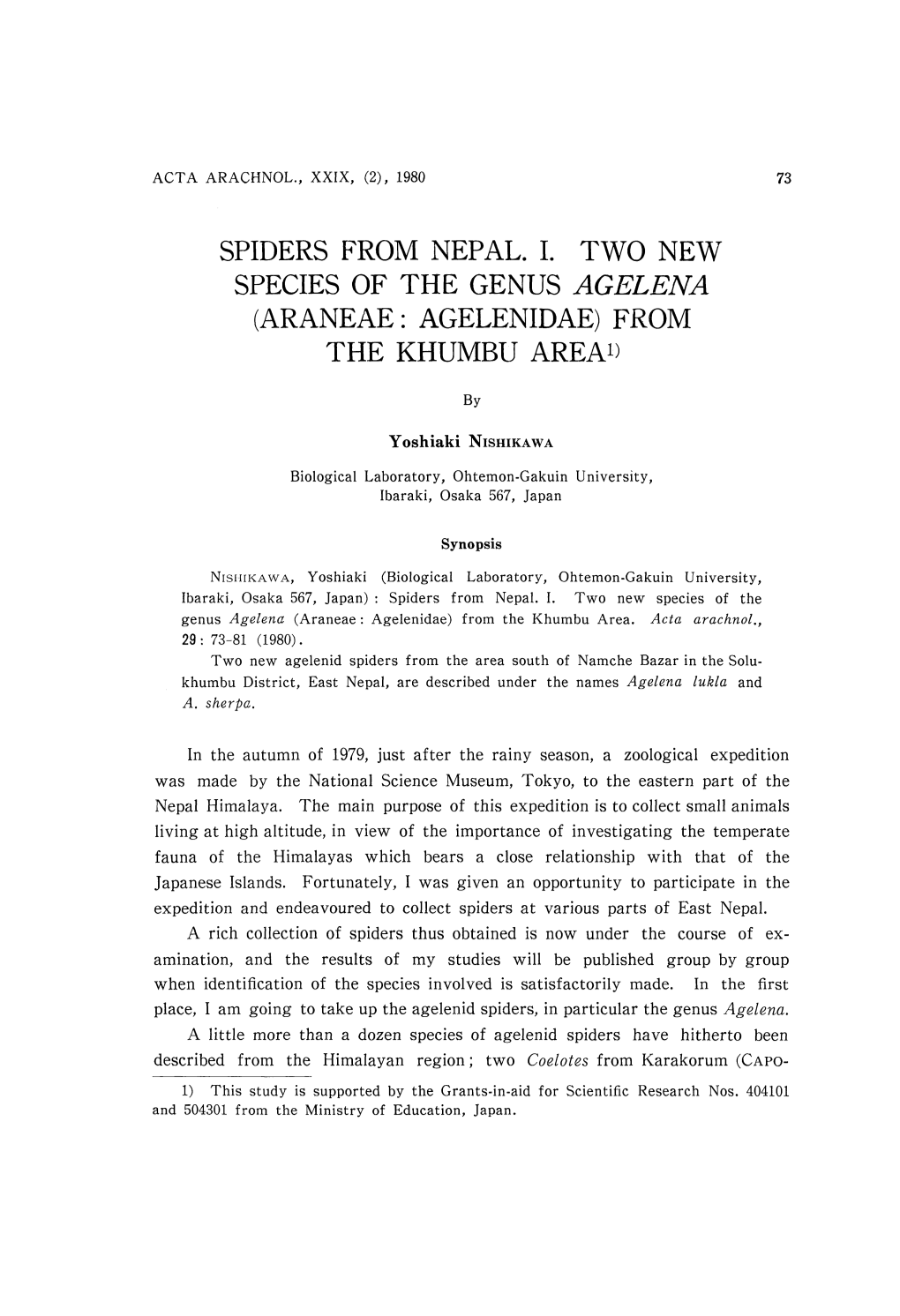 Spiders from Nepal, I. Two New Species of the Genus Agelena (Araneae: Agelenidae) from the Khumbu Area1)