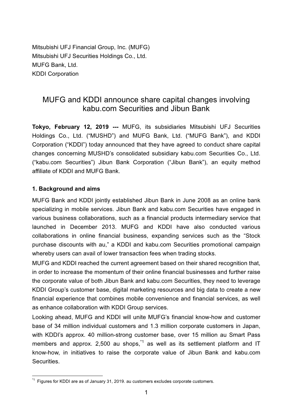 MUFG and KDDI Announce Share Capital Changes Involving Kabu.Com Securities and Jibun Bank