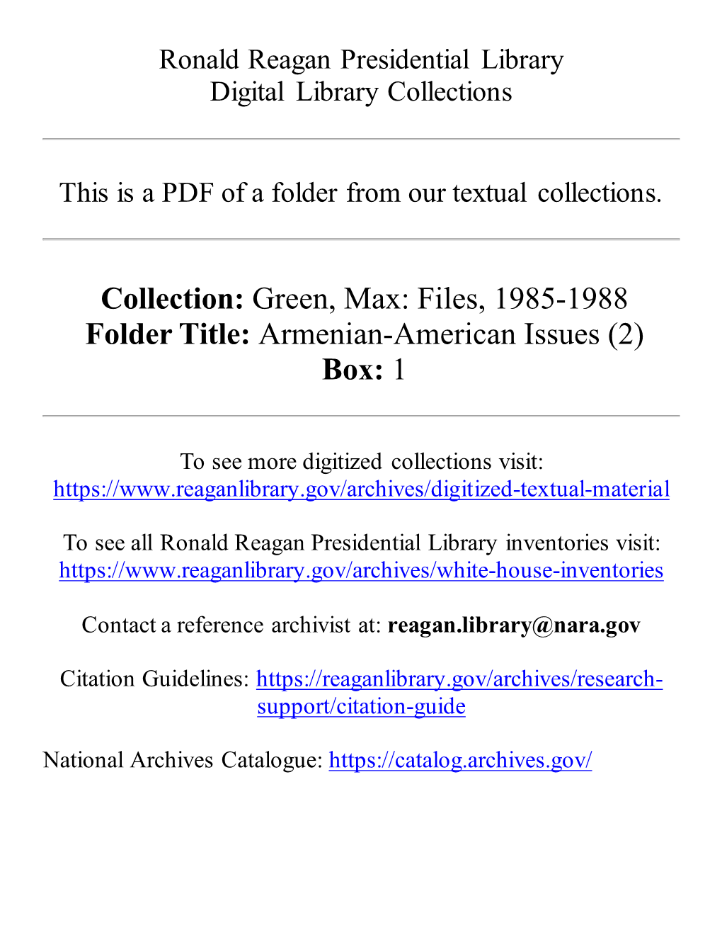 Collection: Green, Max: Files, 1985-1988 Folder Title: Armenian-American Issues (2) Box: 1
