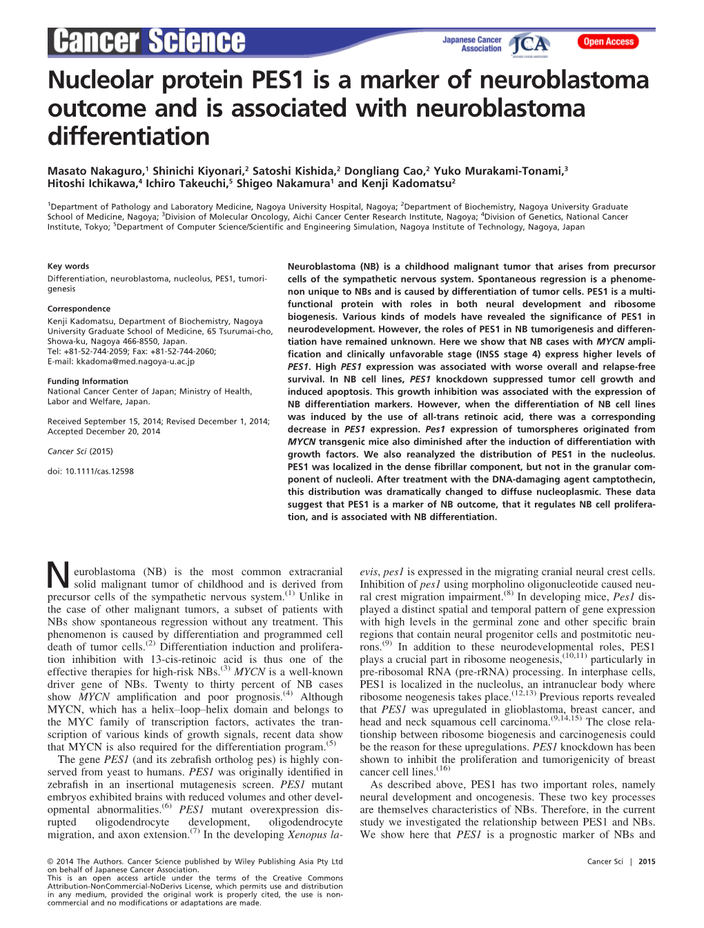 Nucleolar Protein PES1 Is a Marker of Neuroblastoma Outcome and Is Associated with Neuroblastoma Differentiation