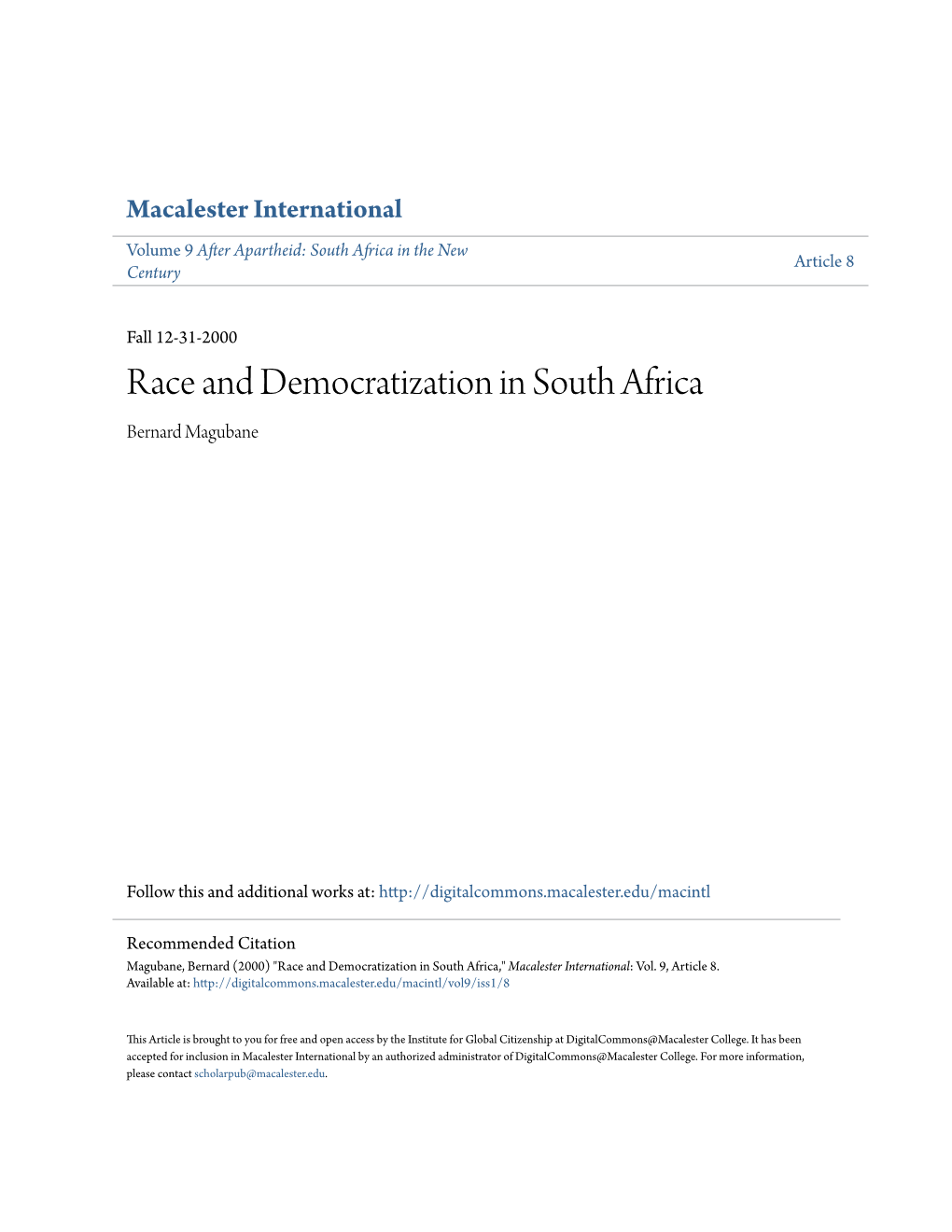 Race and Democratization in South Africa Bernard Magubane