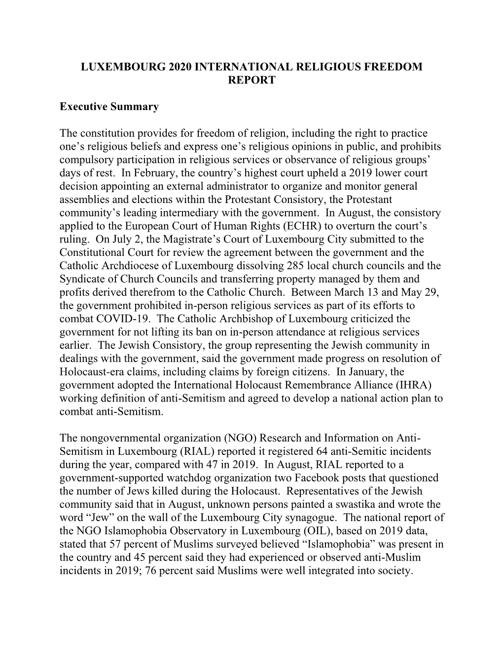 Luxembourg 2020 International Religious Freedom Report