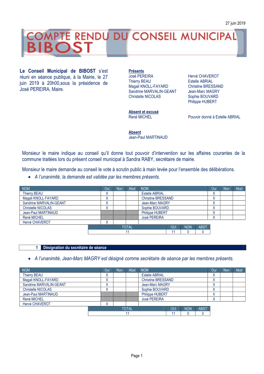 Le Conseil Municipal De BIBOST S'est Réuni En Séance Publique, À La Mairie, Le 27 Juin 2019 À 20H00,Sous La Présidence De