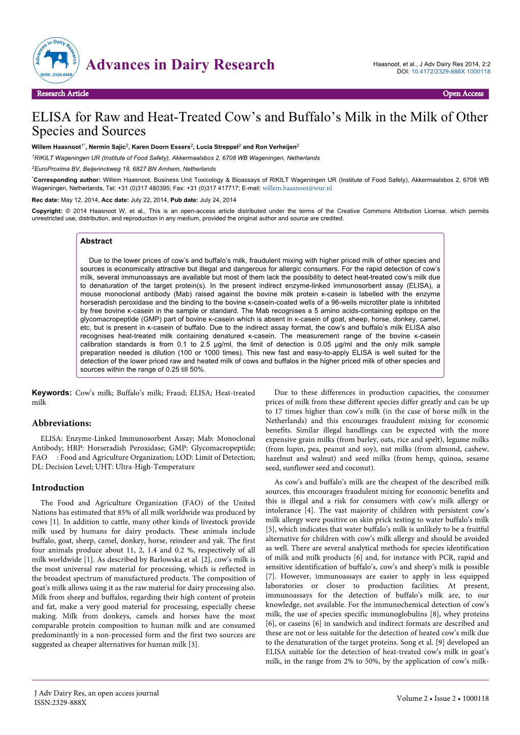 ELISA for Raw and Heat-Treated Cow's and Buffalo's Milk in the Milk