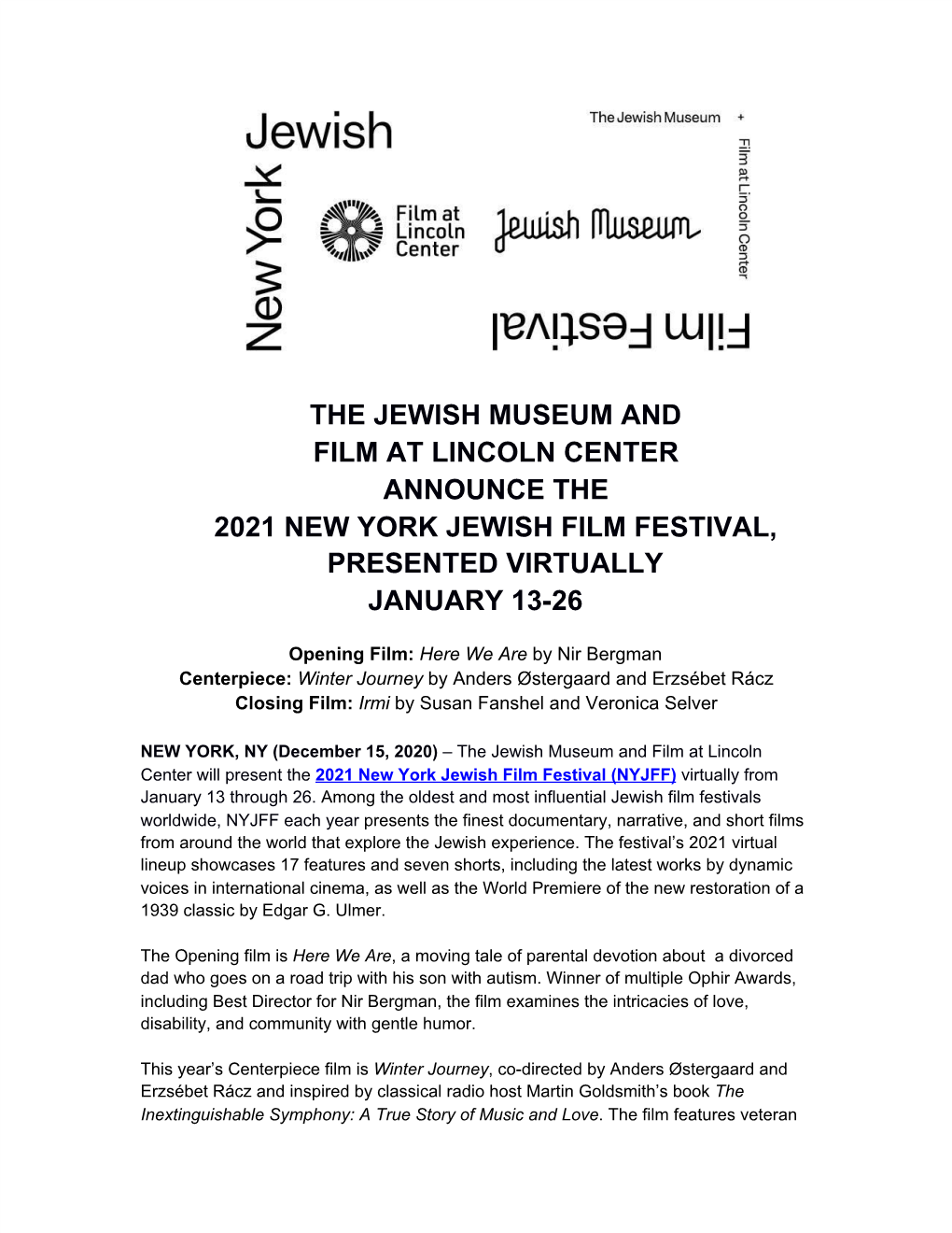 The Jewish Museum and Film at Lincoln Center Announce the 2021 New York Jewish Film Festival, Presented Virtually January 13-26