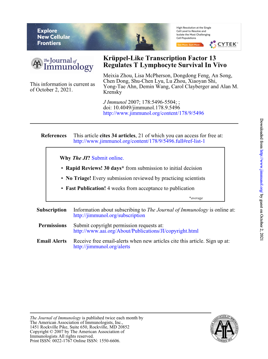 Regulates T Lymphocyte Survival in Vivo Krüppel-Like Transcription