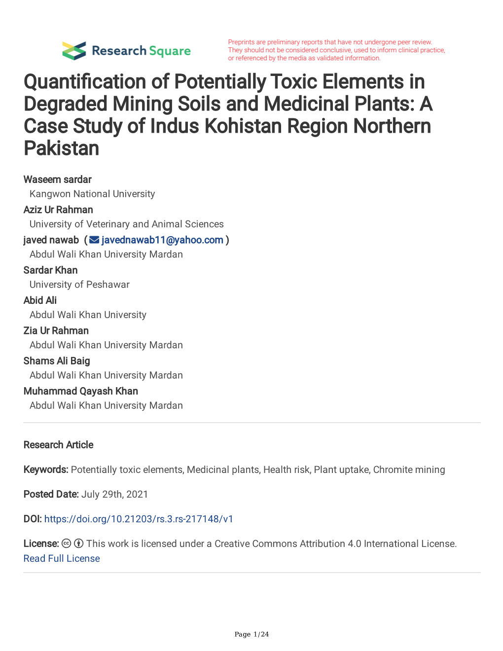 Quanti Cation of Potentially Toxic Elements in Degraded Mining Soils and Medicinal Plants