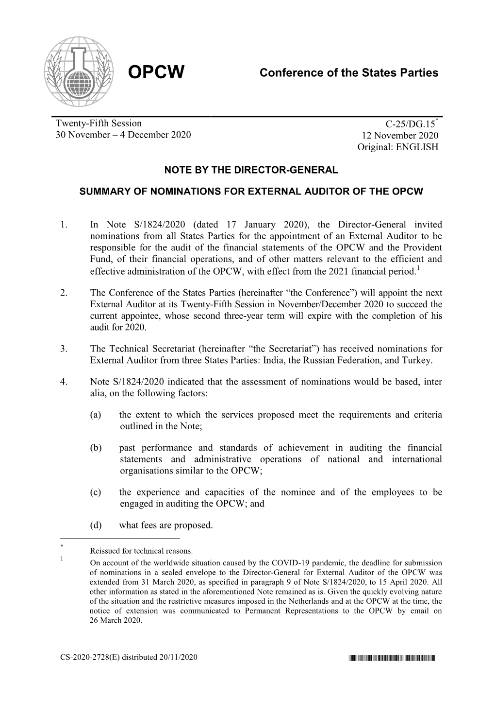 Note by the Director-General: Summary of Nominations for External Auditor of the OPCW