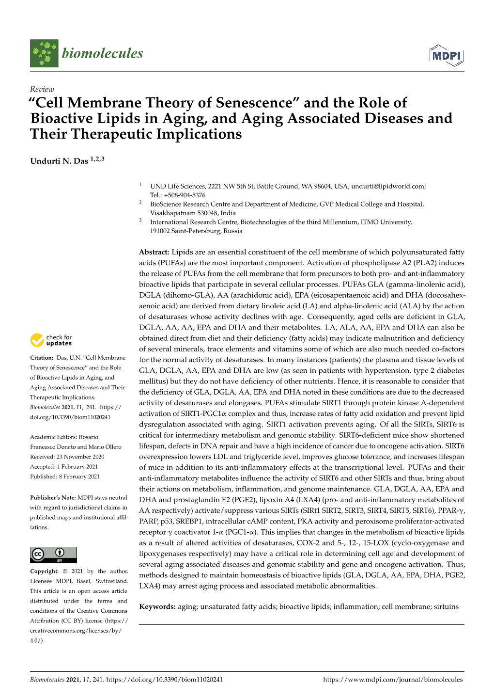 Cell Membrane Theory of Senescence” and the Role of Bioactive Lipids in Aging, and Aging Associated Diseases and Their Therapeutic Implications