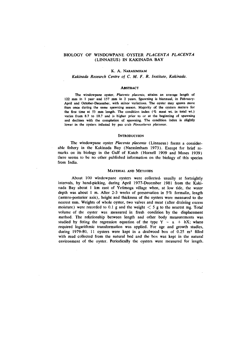 Biology of Windowpane Oyster Placenta Placenta (Linnaeus) in Kakinada Bay