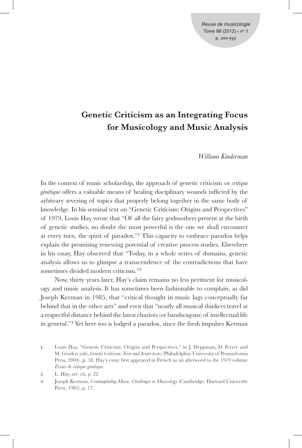 Genetic Criticism As an Integrating Focus for Musicology and Music Analysis