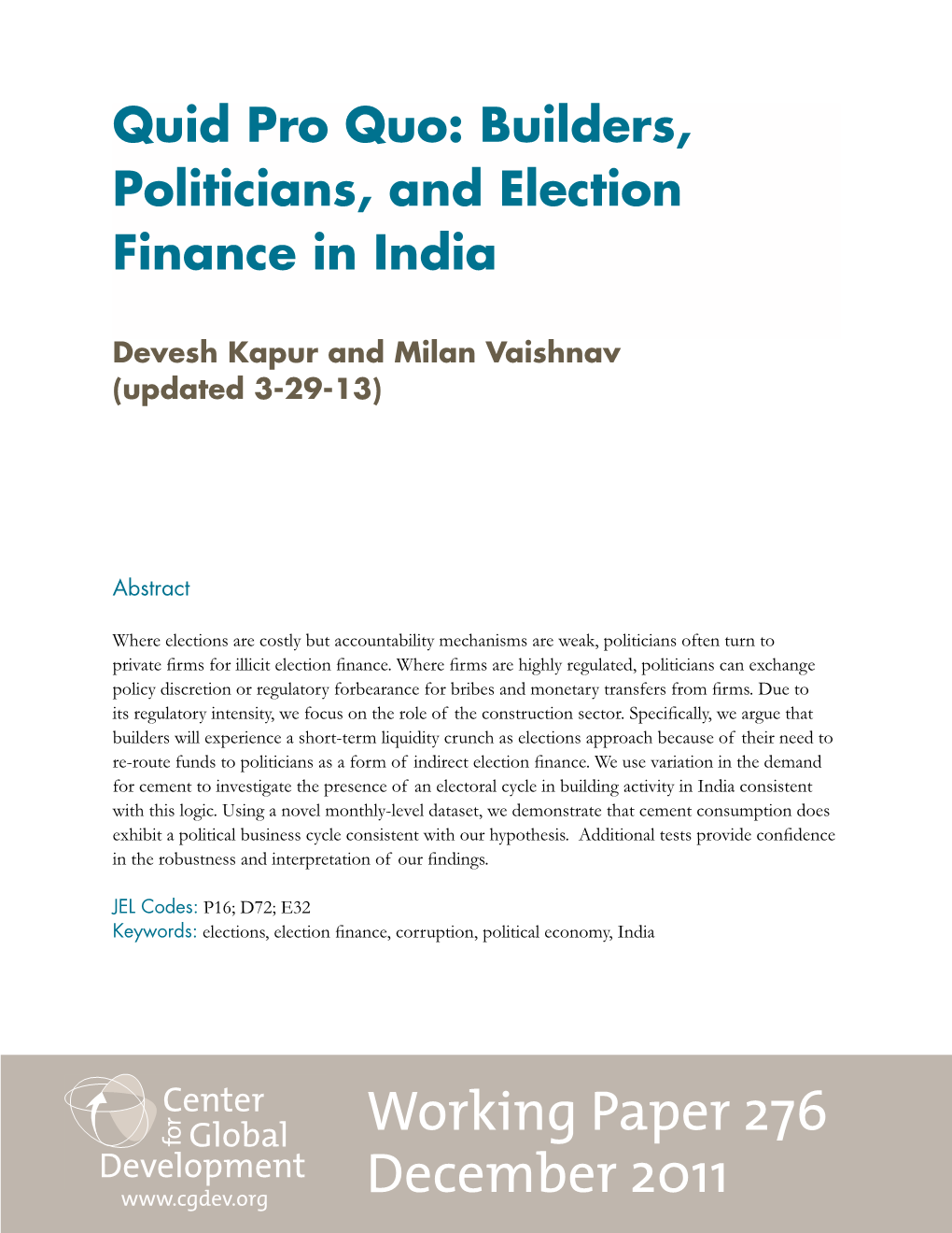 Builders, Politicians, and Election Finance in India