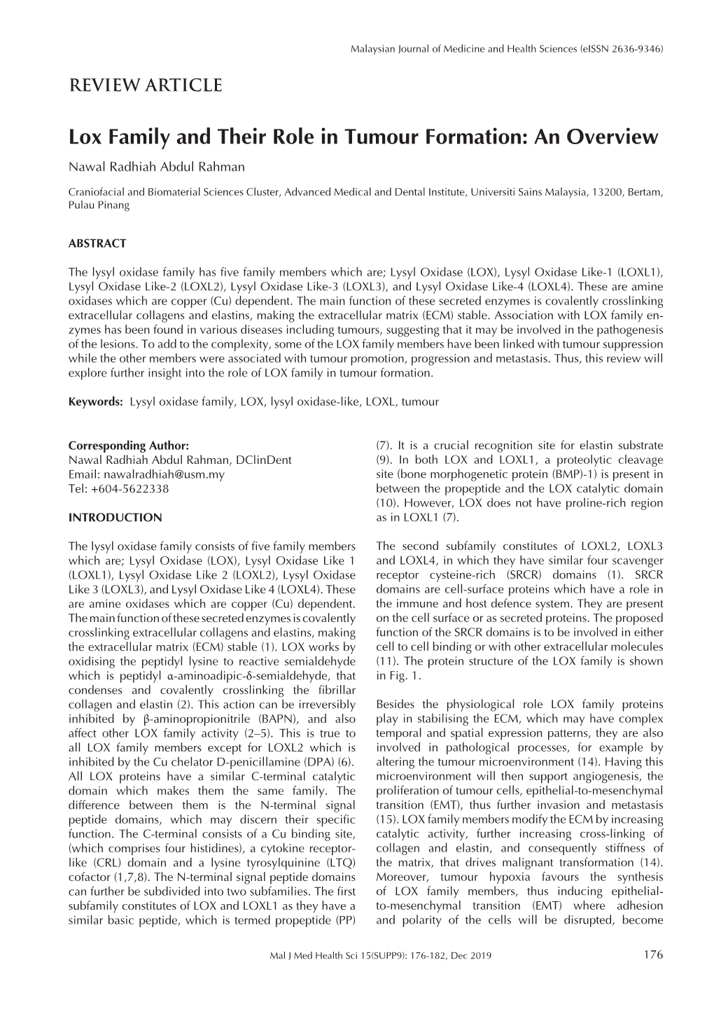 Lox Family and Their Role in Tumour Formation: an Overview Nawal Radhiah Abdul Rahman