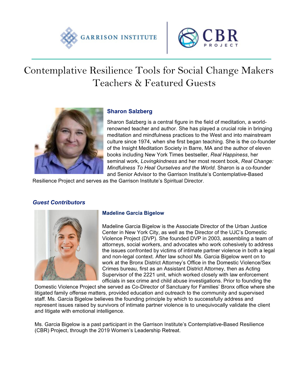 Contemplative Resilience Tools for Social Change Makers Teachers & Featured Guests