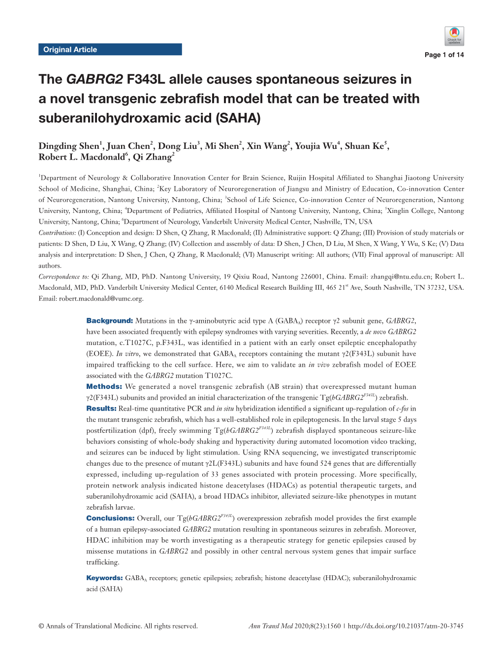 The GABRG2 F343L Allele Causes Spontaneous Seizures in a Novel Transgenic Zebrafish Model That Can Be Treated with Suberanilohydroxamic Acid (SAHA)