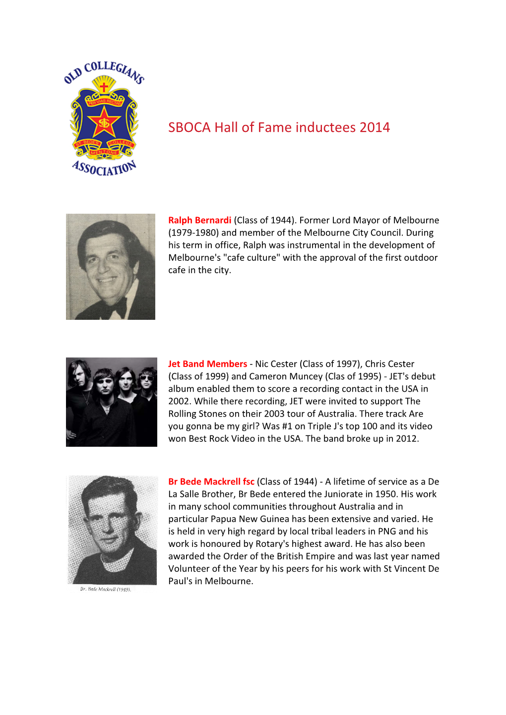 SBOCA Hall of Fame Inductees 2014