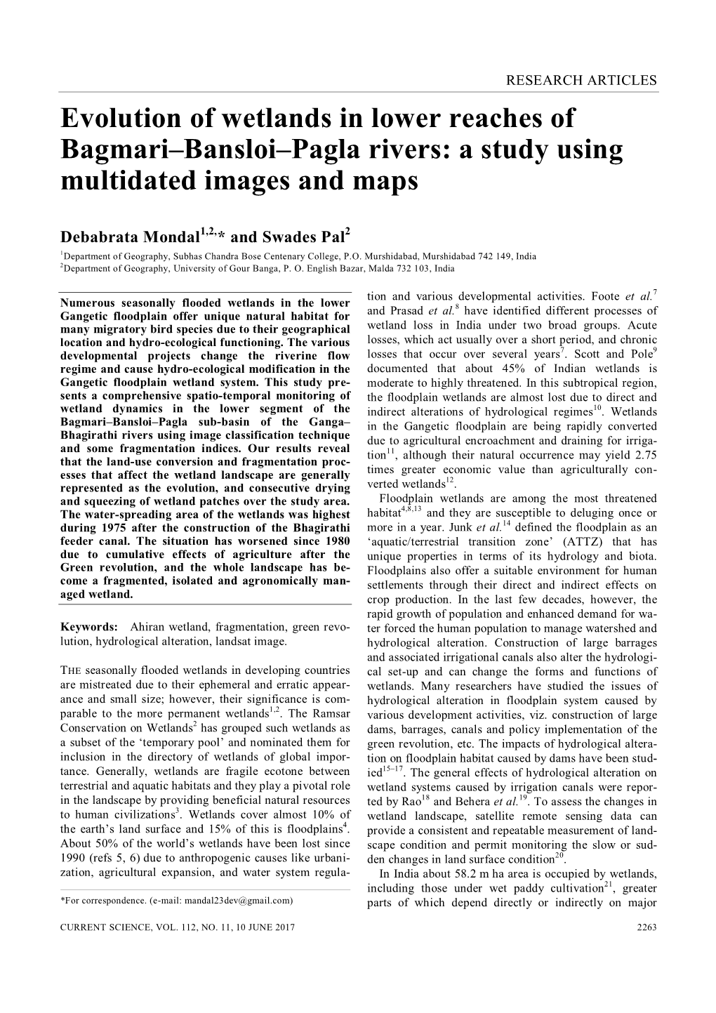 Evolution of Wetlands in Lower Reaches of Bagmari–Bansloi–Pagla Rivers: a Study Using Multidated Images and Maps