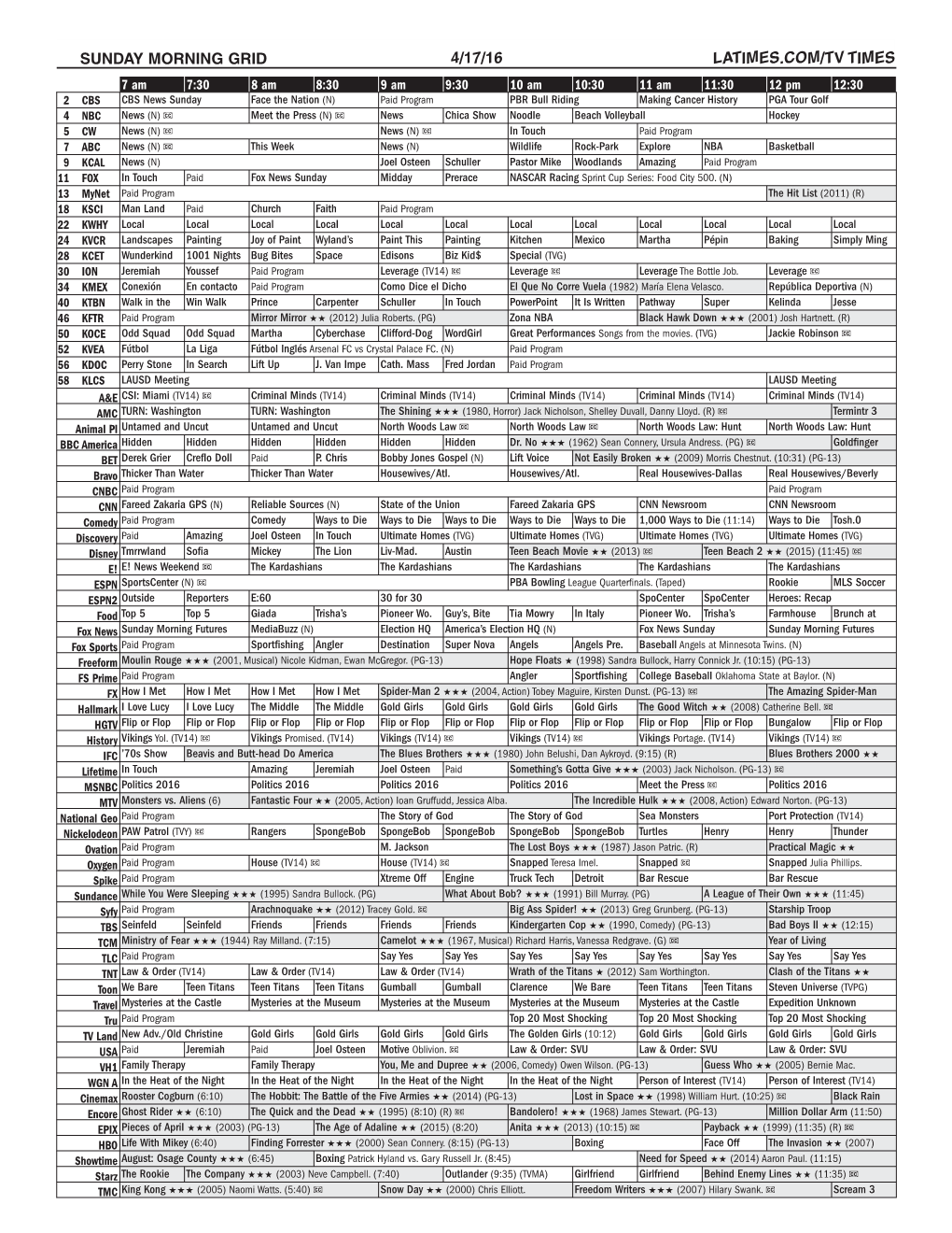 Sunday Morning Grid 4/17/16 Latimes.Com/Tv Times