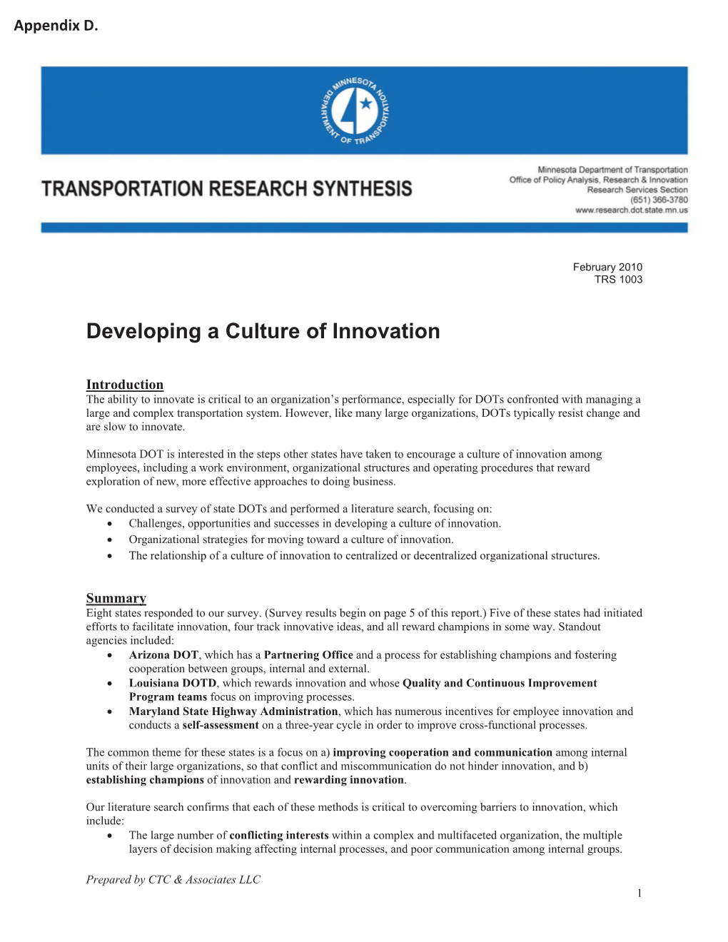 Developing a Culture of Innovation