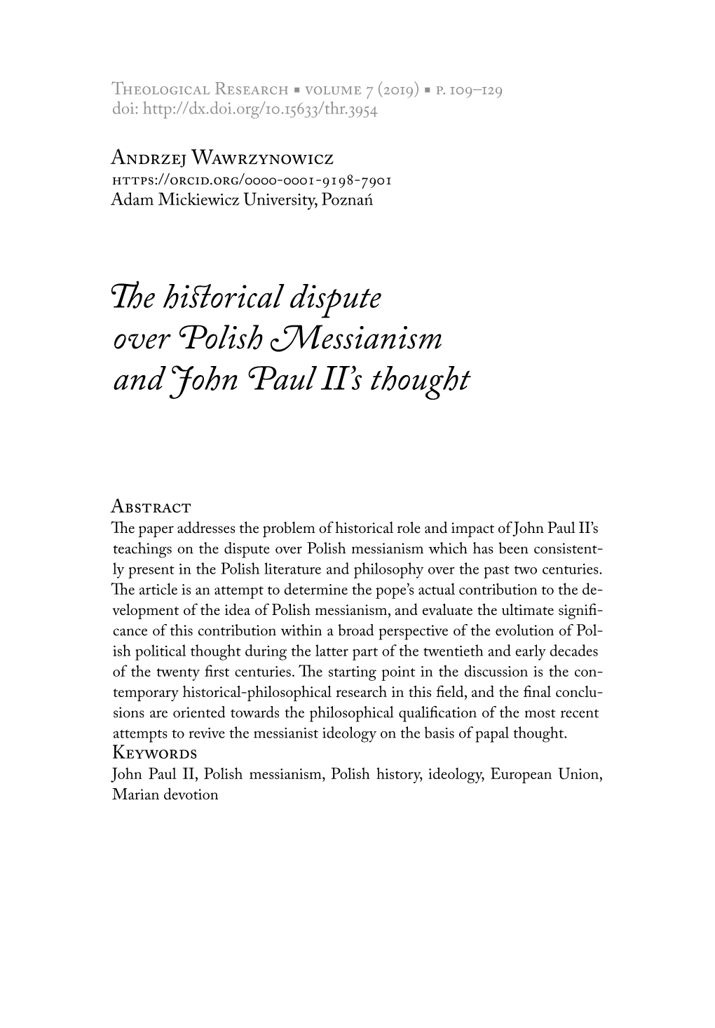 The Historical Dispute Over Polish Messianism and John Paul II's